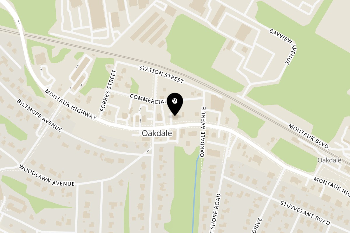 Map showing the location of American Times Restaurant & Tavern on 1487 Montauk Hwy in Oakdale